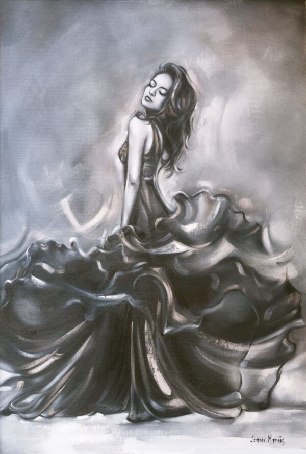 Spanish Pride - Giclée print of grayscale oil painting of a woman in a flowing gown, eyes closed in a serene expression. The dress swirls dramatically, conveying motion and grace. By Artist Jeanne Marais