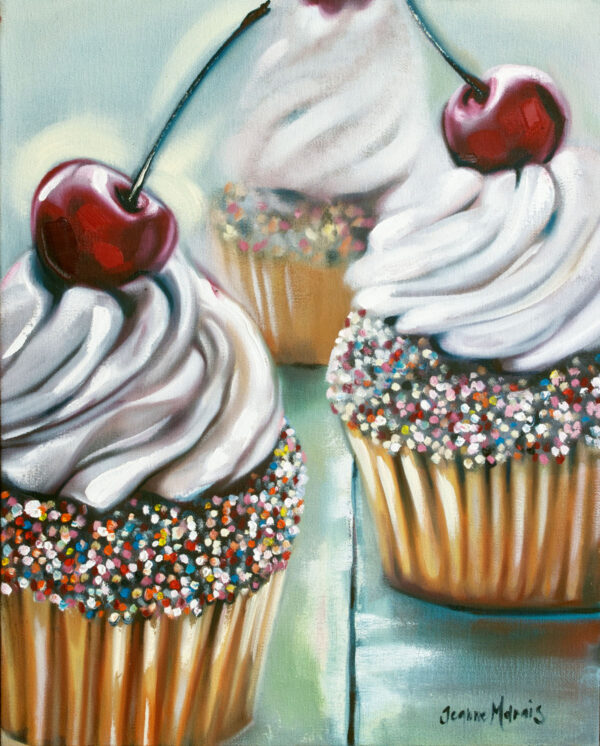 Sprinkles - Giclée print of a painting of three cupcakes with white frosting, cherries on top, and rainbow sprinkles. The background is soft blue, creating a cheerful tone