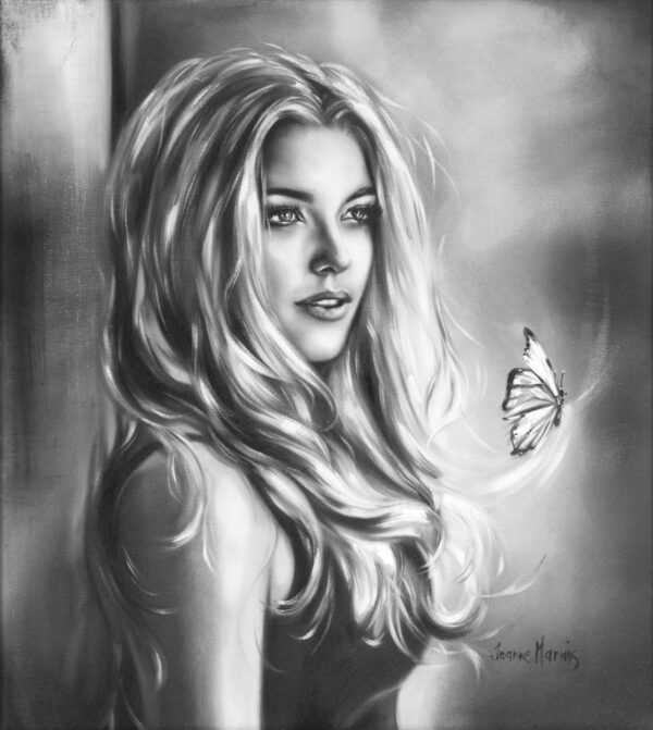 Starry Dreams - Giclée print of black and white oil painting of a woman with flowing hair gazing softly at a butterfly. The mood is serene and ethereal, with soft lighting