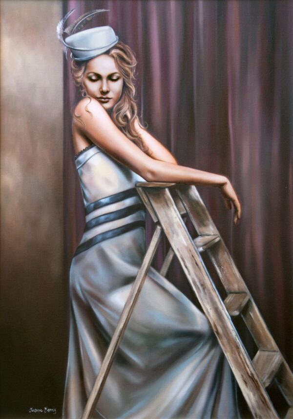 Step Up - Giclée print of oil painting of a woman in a flowing white gown and hat with a feather posing gracefully on a wooden ladder against a soft, purple curtain backdrop, conveying elegance and nostalgia