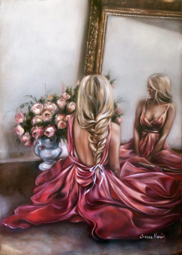 Style Around - Giclée print of oil painting of a woman in a flowing pink dress with a long braid sitting before a large mirror, gazing at her reflection. A bouquet of pink roses in a vase adds elegance
