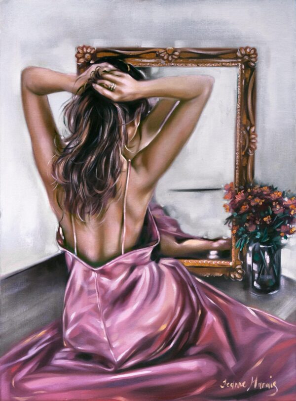 Styling Game - Giclée print of oil painting of a woman in a pink satin dress sitting before a mirror, hands in her hair. Flowers in a vase add elegance to the reflective, intimate scene