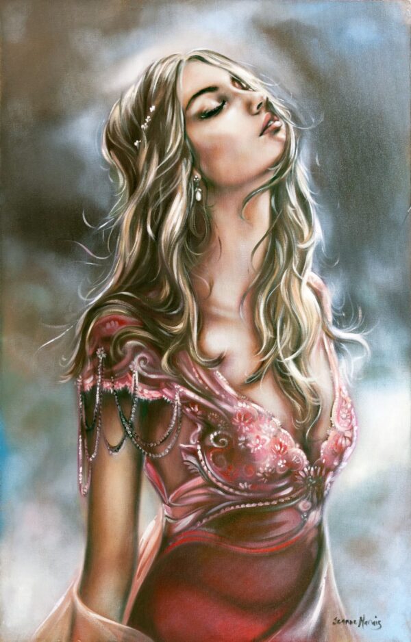 Surely - Giclée print of oil painting of a dreamy portrait of a woman with closed eyes, long wavy hair, and a flowing pink gown adorned with intricate patterns, set against a soft, cloudy background