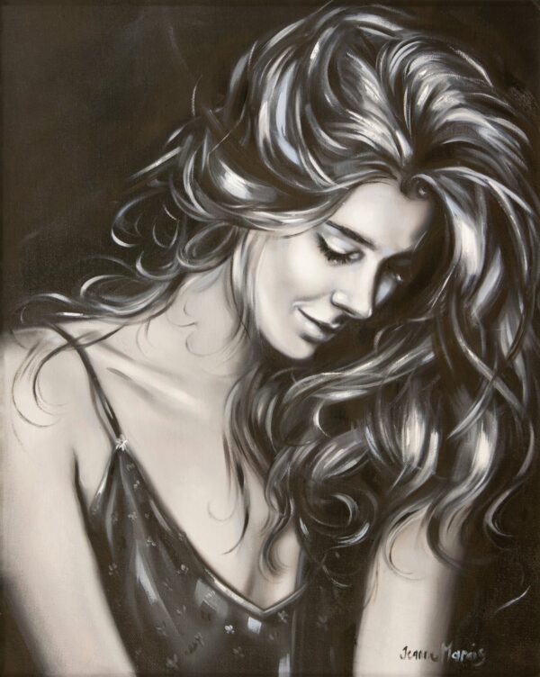 Sweet Reflection - Giclée print of black and white oil painting of a woman with wavy hair cascading over her shoulders, head tilted down, wearing a patterned dress, exuding a serene, introspective mood