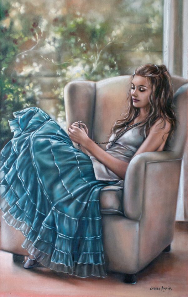 Giclée print of oil painting of a woman with long hair sitting in a plush armchair, wearing a flowing blue skirt and holding prayer beads. Soft sunlight filters through the window, creating a serene atmosphere