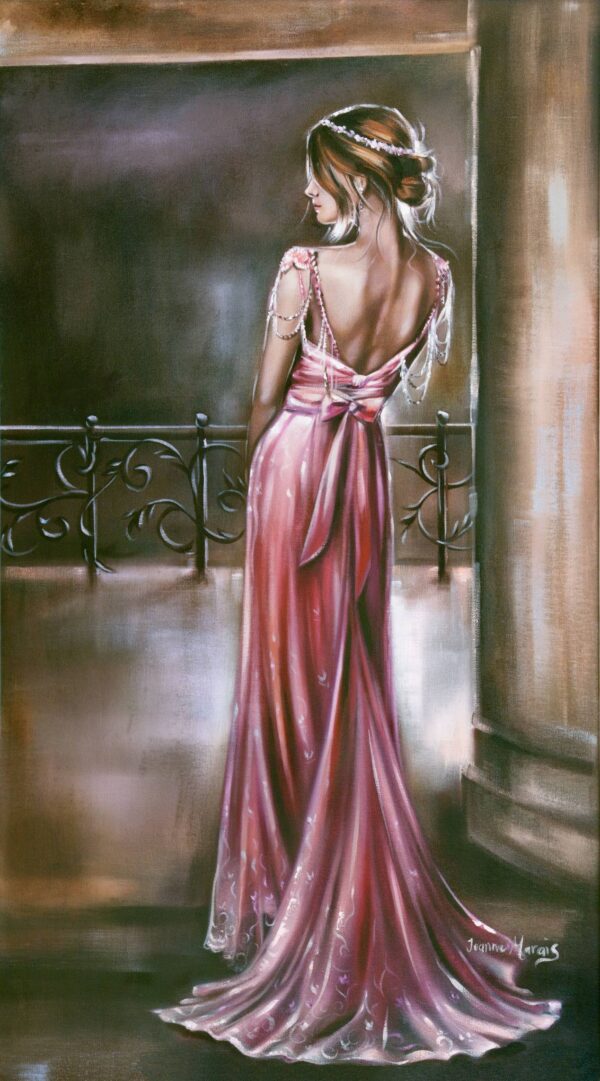 Tender Trust - Giclée print of oil painting of a woman in an elegant pink gown standing on a balcony, gazing into the distance. Her hair is styled in an updo, conveying grace and serenity