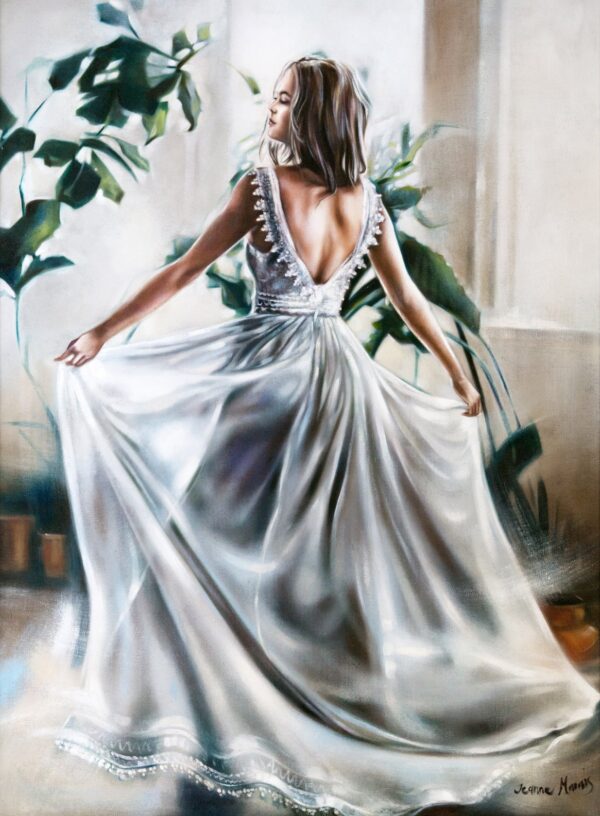Tessa - Giclée print of oil painting of a woman in a flowing white dress with an open back gracefully twirling in a sunlit room, surrounded by lush green plants, evoking elegance and serenity