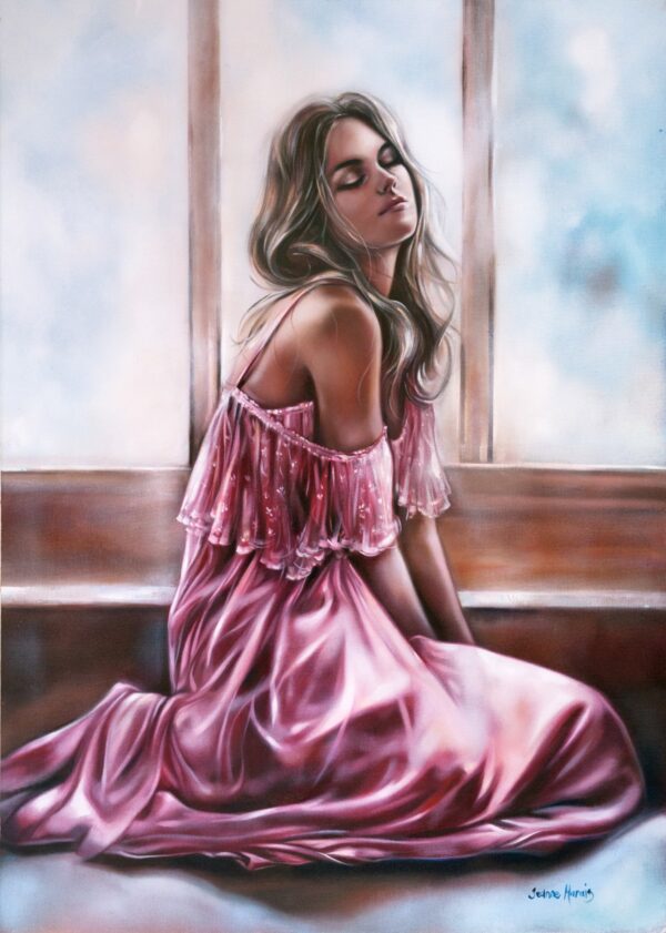 Then & Now - Giclée print of oil painting of a woman in a flowing pink dress sitting gracefully by a window. Her eyes are closed, and her expression is serene, conveying a sense of tranquility and introspection
