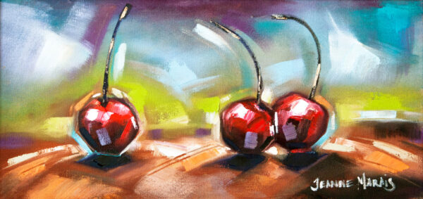Three Cherries - Giclée print of a vibrant painting of three cherries with long stems on a textured surface. The background features dynamic strokes in green, blue, and purple tones, creating a lively, abstract atmosphere
