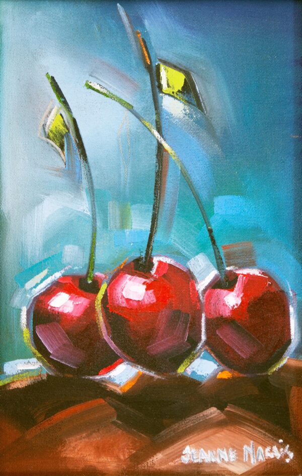 Three Happy Cherries - Giclée print of a painting of three vibrant red cherries with green leaves, painted in a bold, impressionistic style on a blue and brown background. The artwork conveys a lively, playful tone