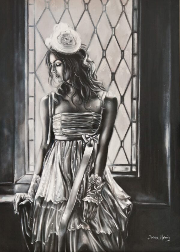 Trapped in Love - Giclée print of black and white oil painting of a woman in a flowing vintage dress standing pensively by a window with diamond-shaped panes. She wears a floral headpiece, exuding nostalgia and elegance