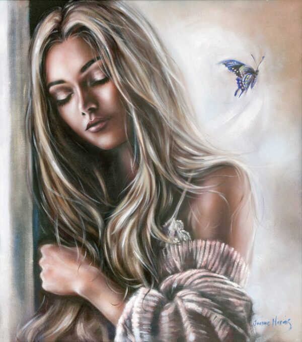 Truce for Love - Giclée print of oil painting of a serene woman with long, flowing hair gazing downward, wrapped in a soft, textured shawl. A colorful butterfly flutters nearby, evoking tranquility