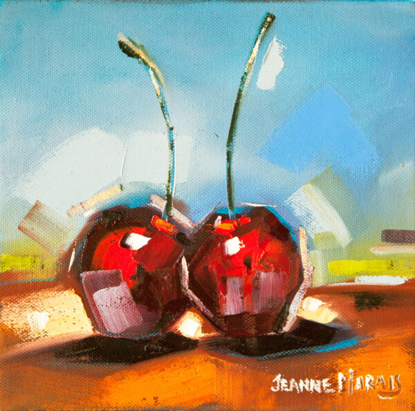Two Cherries - Giclée print of a vibrant painting featuring two ripe cherries with stems, set against a textured blue and green background. The artwork conveys a lively and fresh mood