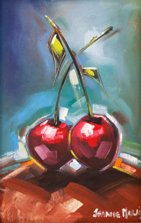Two Cherry Item - Giclée print of an impressionistic painting of two vibrant red cherries with stems crossed, set against a dynamic blue and brown background, creating a lively, modern feel