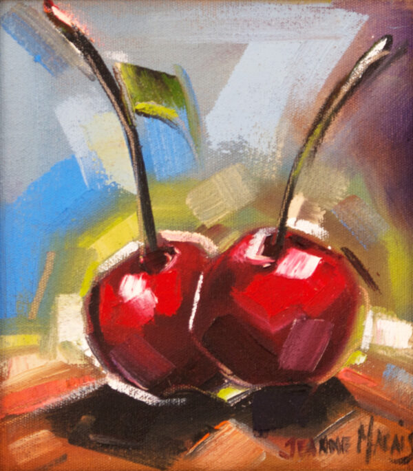 Two Cherry Pair - Giclée print of an painting of two vibrant red cherries with stems, set against a multicolored background. Bold brush strokes evoke energy and freshness