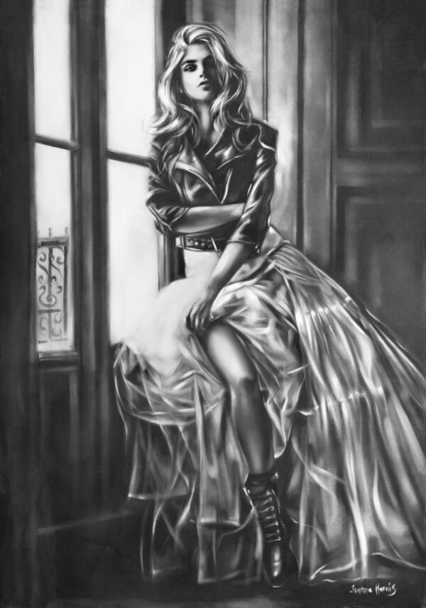 Uncouth Beauty - Giclée print of black and white oil painting of a woman in a leather jacket and flowing skirt sitting on a windowsill. She gazes thoughtfully outside, conveying elegance