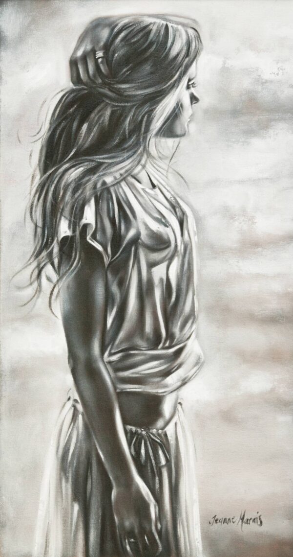 Undecided - Giclée print of monochrome oil painting of a woman in profile with long, flowing hair and a loose top, exuding a contemplative and serene mood against a cloudy backdrop
