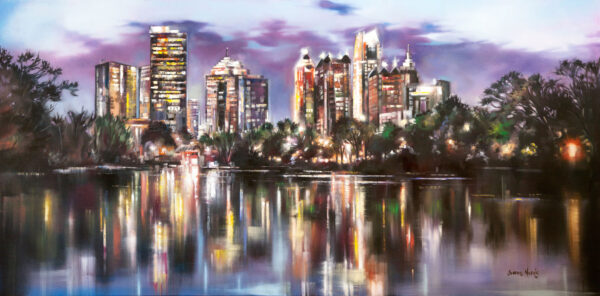 Urban Reflection - Giclée print of oil painting of a vibrant city skyline at dusk reflecting on a calm body of water. Illuminated skyscrapers against a purple and blue sky create a serene, urban atmosphere