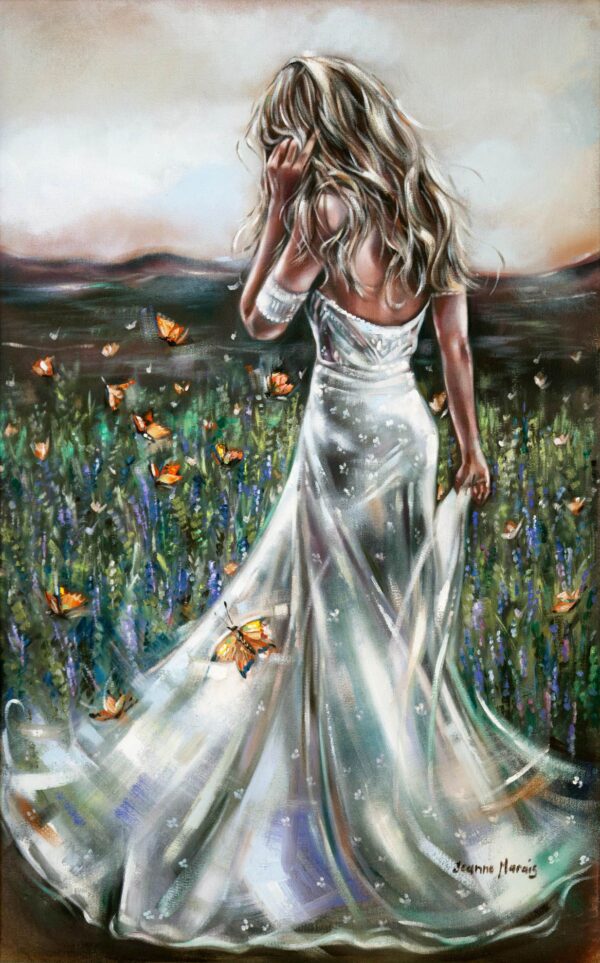 Vlindertyd - Giclée print of oil painting of a woman in a flowing white gown standing in a field of wildflowers, surrounded by butterflies. The scene conveys serenity and natural beauty against a soft, dusky sky