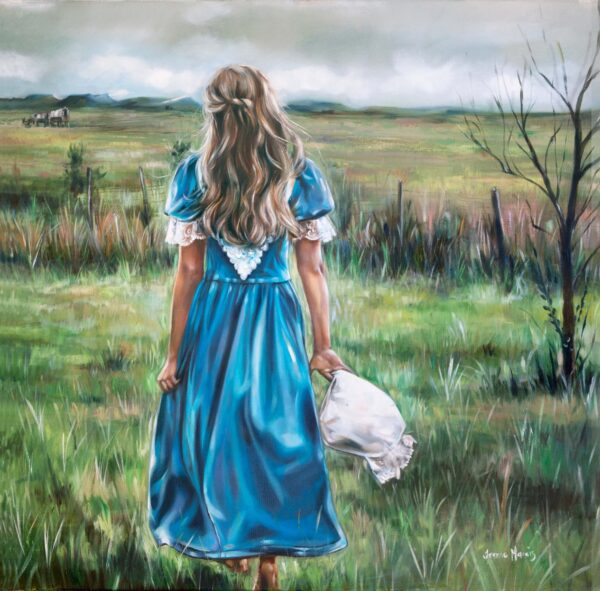 Voortrekker - Giclée print of oil painting of a young pioneering woman in a blue pioneer trek dress walking through a grassy field, holding a white cloth. The sky is overcast, and a distant oxwagon is visible, creating a serene, contemplative mood