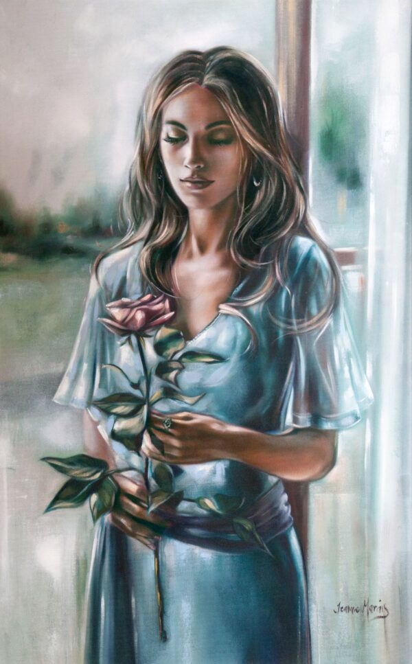 Vow to Hope - Giclée print of oil painting of a woman in a flowing blue dress holding a pink rose, standing next to a window. Her eyes are closed, conveying a peaceful and contemplative mood