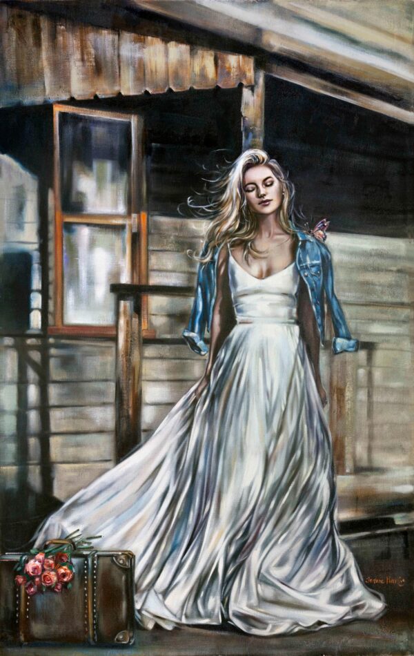 Wanting Out - Giclée print of oil painting of a woman in a flowing white dress standing on a rustic porch with a denim jacket over her shoulders. A suitcase with roses sitting nearby. Serene and nostalgic scene