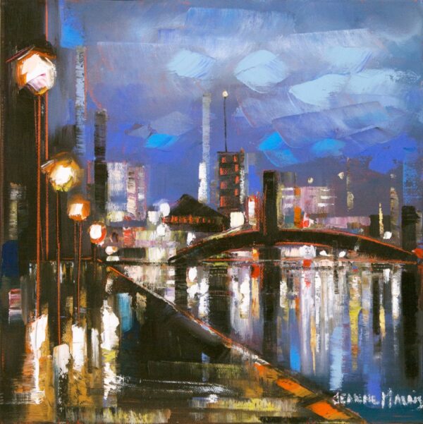 Water Overpass - Giclée print of impressionist oil painting of a cityscape at night. Bright streetlights illuminate a street and bridge, with colorful reflections in water and a moody, blue sky