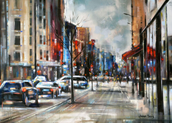 Winter Business - Giclée print of oil painting of colorful cityscape with a busy street with cars and pedestrians on a winter day. Reflections shine on a wet pavement under cloudy skies
