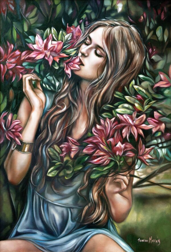 Wonderland - Giclée print of oil painting of a woman with long hair sitting peacefully among lush green leaves and vibrant pink flowers, eyes closed, gently smelling a blossom. The mood is serene and dreamy