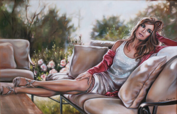 Lost Thoughts - Giclée print of oil painting of a woman lounging on an outdoor sofa in a garden setting, wearing a shimmering silver dress and red shawl. The scene is relaxed, warm, and tranquil