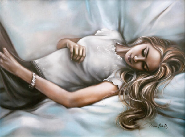 Love Secured - Giclée print of serene oil painting of a woman peacefully sleeping on her side, with long, flowing hair spread across pillows. She wears a white top, conveying tranquility