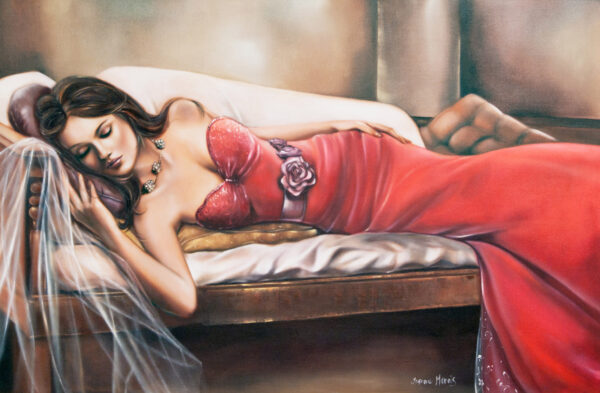 Love Story - Giclée print of oil painting of a woman in a red dress with floral details reclining on a couch, resting her head on a cushion. Soft lighting creates a serene, elegant atmosphere