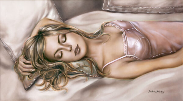 Matter of Time - Giclée print of oil painting of a woman with blonde hair lying peacefully asleep on a bed, wearing a silky pink camisole. The soft lighting and gentle tones convey a serene atmosphere