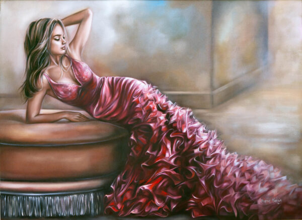 My Life - Giclée print of oil painting of a woman in a flowing red dress lounging on a round ottoman, exuding elegance and grace. The soft, blurred background adds a dreamy atmosphere