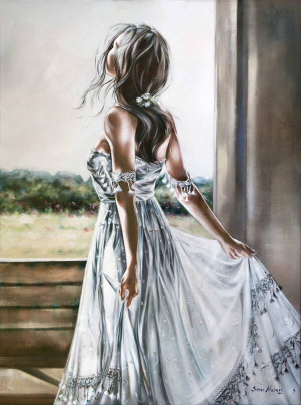 Nadia - Giclée print of oil painting of a woman in a flowing white dress standing by a window, holding the fabric, gazing outside. Her hair is loose, with flowers, evoking serenity and freedom