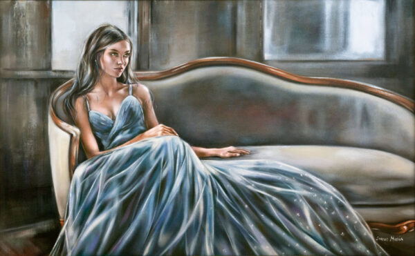 Nelia - Giclée print of oil painting of a woman in a flowing blue gown sitting elegantly on a vintage sofa, gazing thoughtfully. The room's muted tones create a serene, contemplative atmosphere