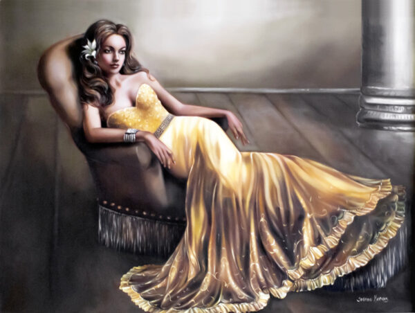 Peaceful - Giclée print of oil painting of a woman in a yellow gown reclining on a chaise lounge, exuding elegance and poise. She wears a flower in her hair and a thoughtful expression