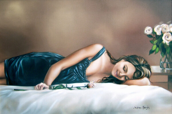 Promise - Giclée print of oil painting of a woman in a satin blue dress lying on a bed with a serene smile and closed eyes, holding a white rose. A vase of roses is on the bedside table
