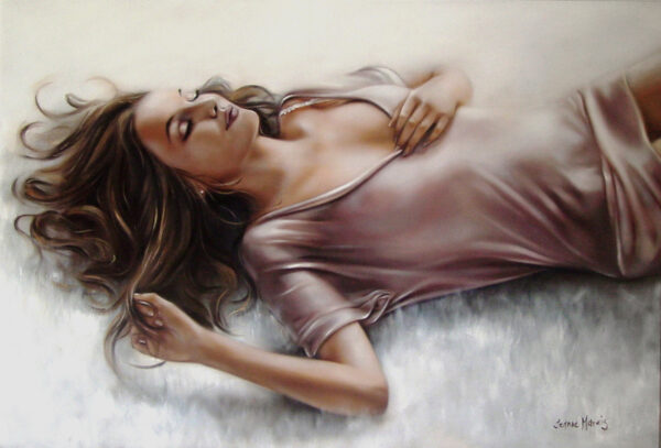 Pure - Giclée print of oil painting of a woman lying with relaxed expression, eyes closed. She has loose, flowing hair and wears a smooth, light dress, conveying tranquility