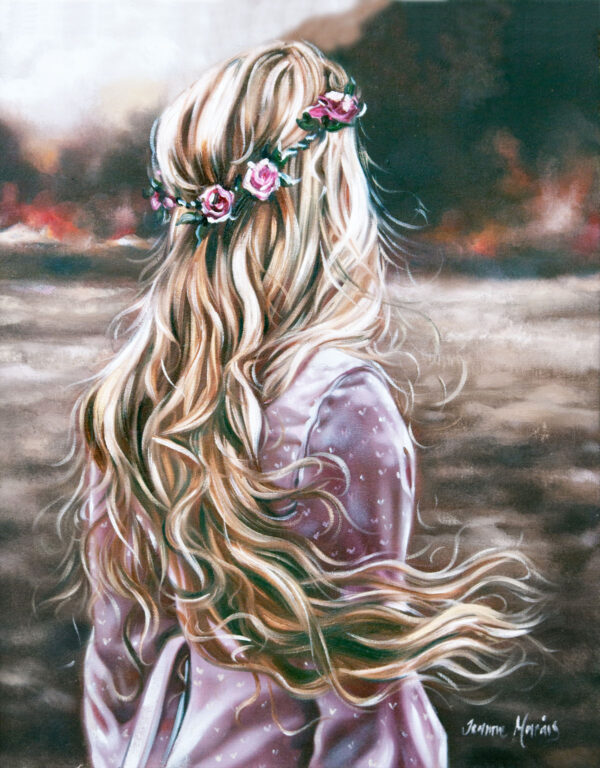 Relinquishing the Past - Giclée print of oil painting of a woman with long flowing blonde hair, adorned with a pink rose garland, standing in a floral dress, gazing towards distant blurred trees. A serene, contemplative mood