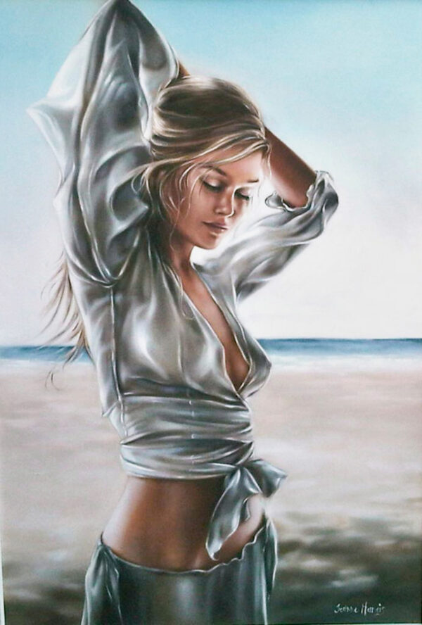 Reliving It - Giclée print of oil painting of a woman standing on a serene beach with arms raised, eyes closed, wearing a silvery wrap top. The soft colors and relaxed pose evoke tranquility