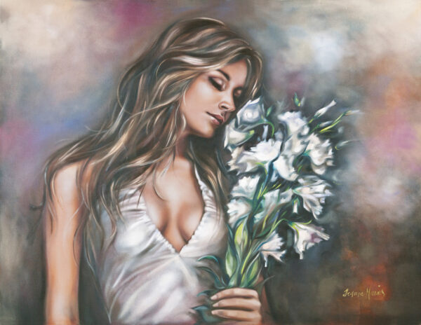 Remembrance - Giclée print of oil painting of a woman in a white dress gently holding white flowers, her eyes closed, conveying serenity and elegance against a soft, colorful background