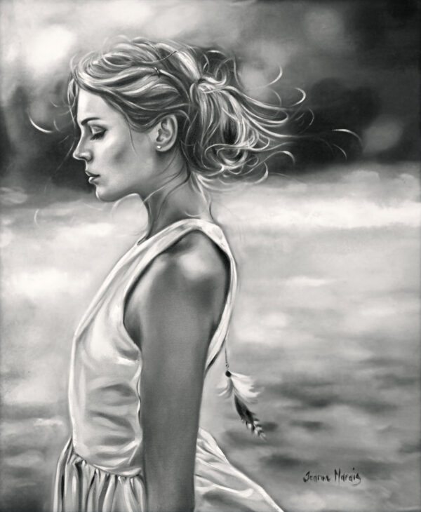 Replay - Giclée print of grayscale oil painting of a woman in profile with closed eyes, wind-tousled hair, and a calm expression, set against a blurred, misty background