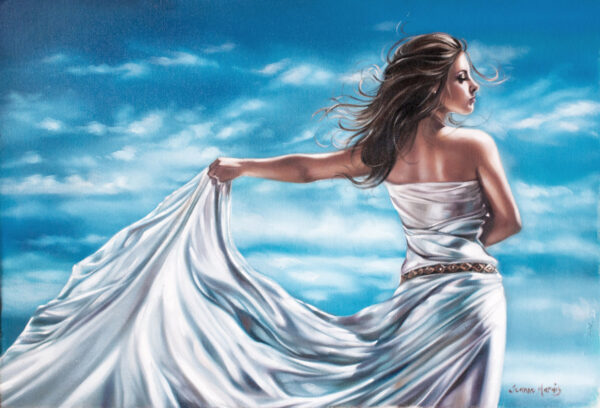 Sea Goddess - Giclée print of oil painting of a woman in a white gown standing against a vibrant blue sky. She gracefully holds the flowing fabric, creating a sense of movement and freedom