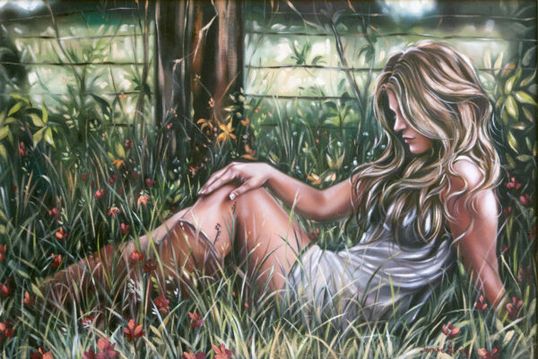 Secret Reflection - Giclée print of oil painting of a woman with long hair sitting peacefully in a grassy field, leaning against a tree. She is surrounded by wildflowers, conveying a serene and contemplative mood