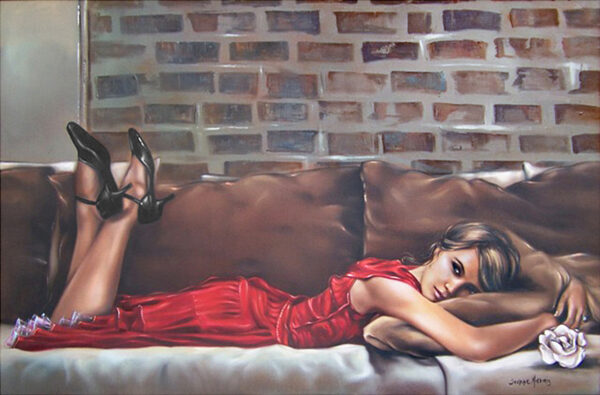 Shoes - Giclée print of oil painting of a woman in a red dress and black heels lounging on a brown sofa, resting her head on a pillow. A brick wall forms the background. The tone is relaxed