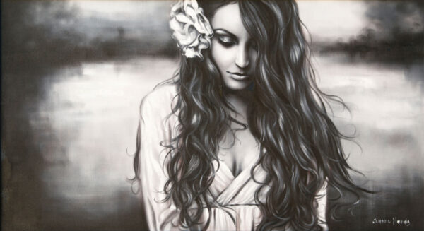 Thinking Over - Giclée print of grayscale oil painting of a woman with long, wavy hair adorned with a large flower. She gazes down, evoking a serene and introspective mood