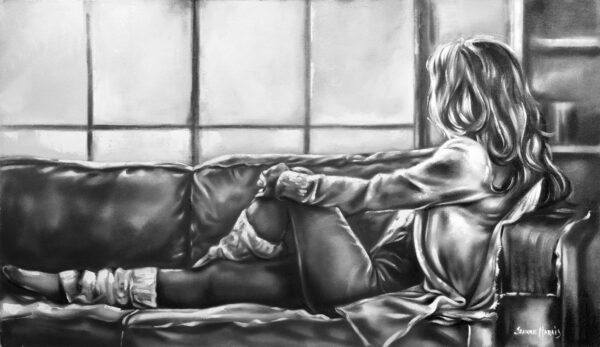 Tomorrow - Giclée print of black-and-white oil painting of a woman sitting on a sofa facing a window, wearing a cozy sweater and leg warmers, exuding a relaxed and contemplative mood in this scene