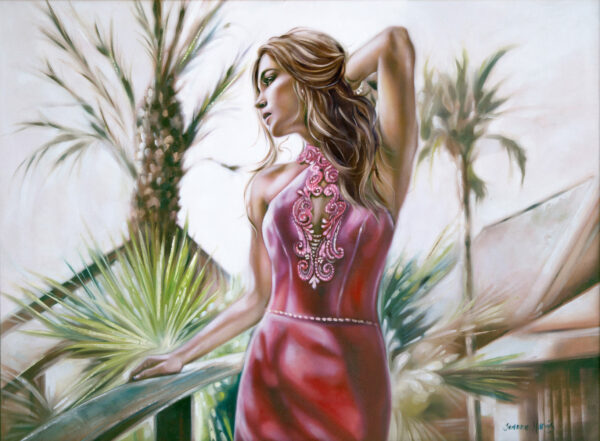 Tropical Glamour - Giclée print of oil painting of a woman in a pink dress with intricate embroidery posing gracefully against a tropical backdrop. Palm trees sway behind her, evoking a serene, elegant vibe