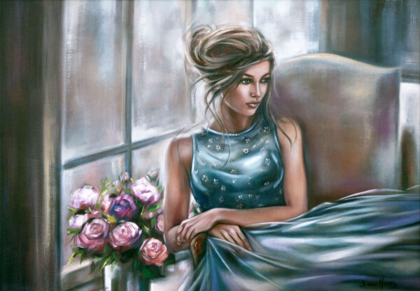 True Dreams - Giclée print of oil painting of young woman in elegant blue dress sitting pensively by a window with a bouquet of pink roses nearby. The soft lighting and pastel colors create a serene mood